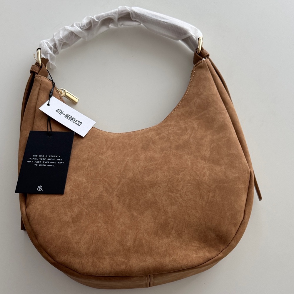 4th + Reckless Tan Crescent Shoulder Bag with Padded Handle